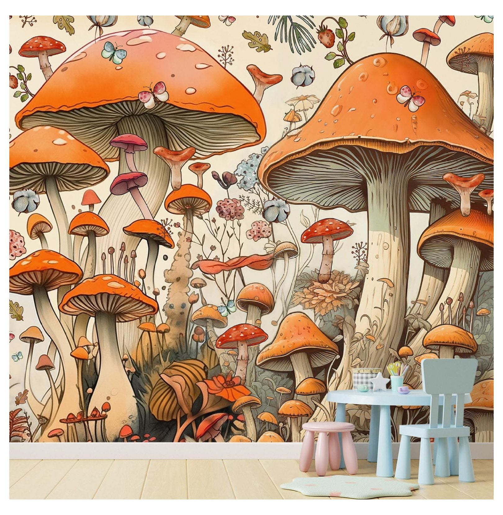 Wall Mural Vintage Mushroom Botanical Cottagecore Mushroom Removable ...