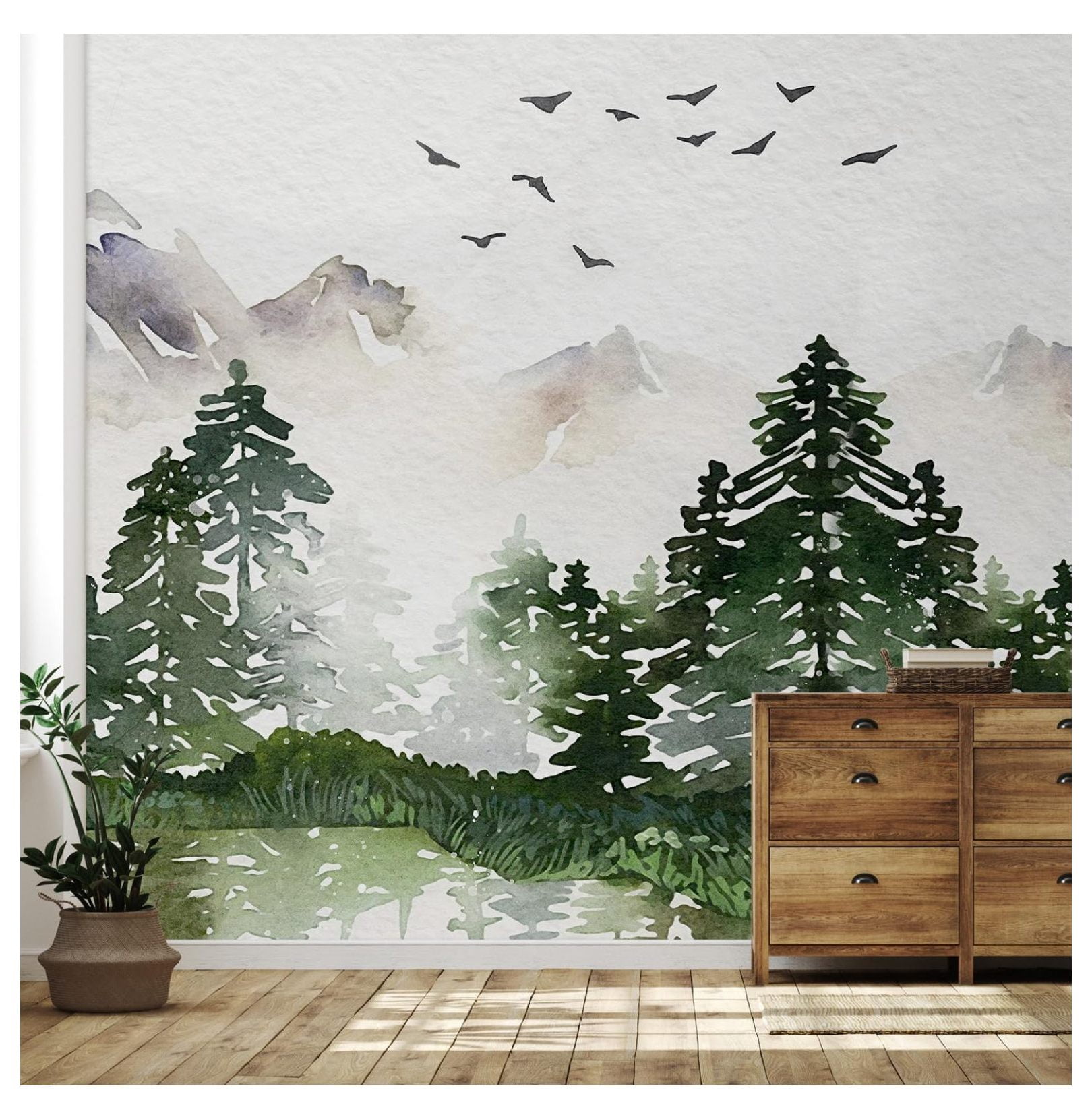 Wall Mural Watercolor Pine Tree Forest Removable Wallpaper Wall Sticker ...