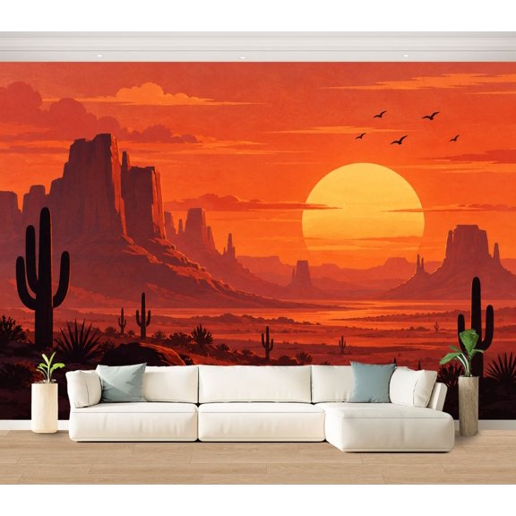 Wall Mural Western Desert Saguaro Sunset Large Peel and Stick Wallpaper Red Glow Butte Nature Removable Self-Adhesive Vinyl Wall Decor for Living Room Bedroom Kids Room 100"x144"