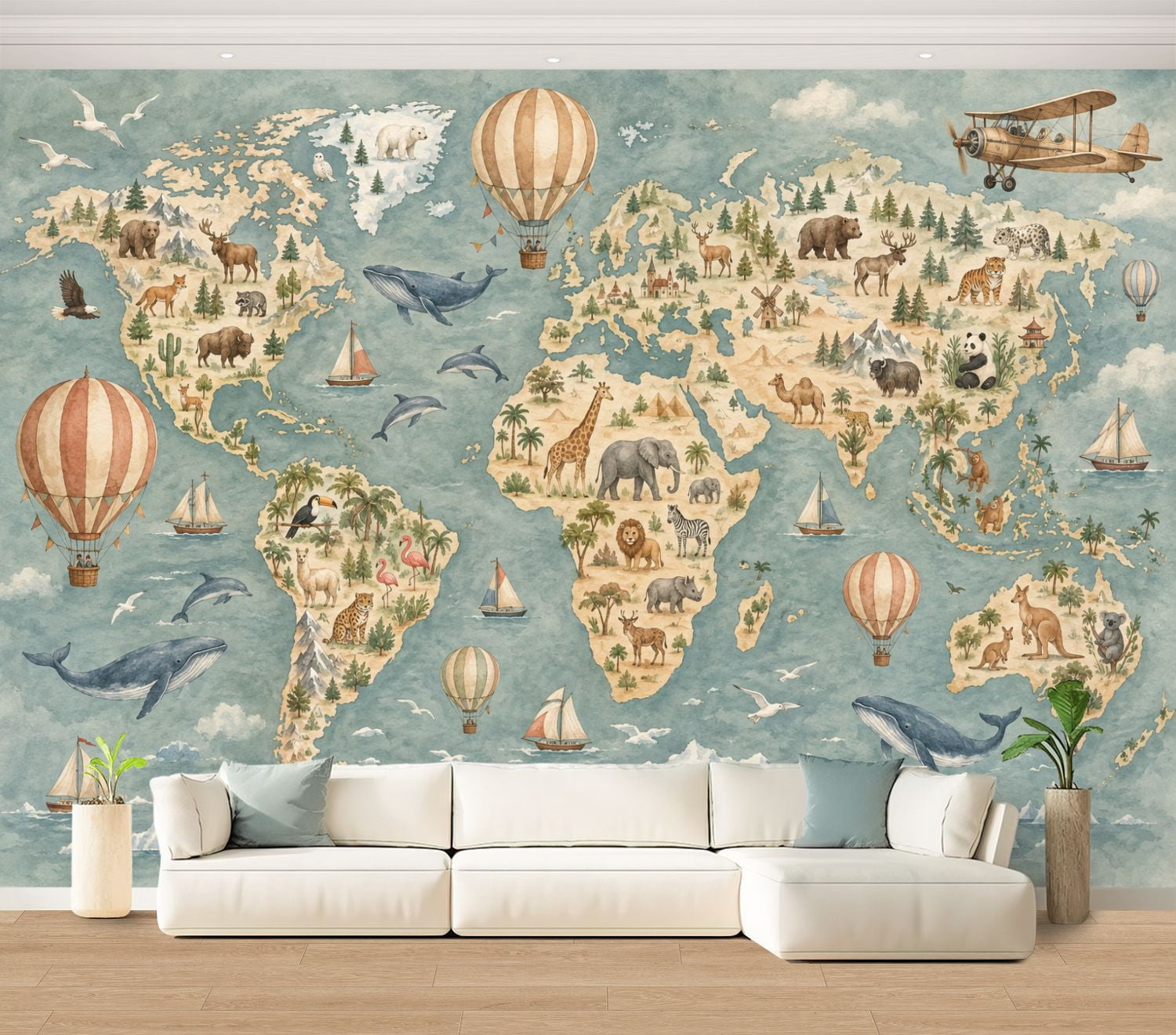 Wall Mural World Map Wildlife Large Peel and Stick Wallpaper Hot Air ...
