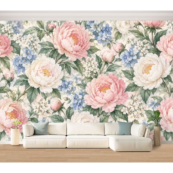 Wall Mural vintage Peonies pink Flowers Large Peel and Stick Wallpaper Floral Design pink white blue Removable Self-Adhesive Vinyl Wall Decor for Living Room Bedroom Kids Room 100"x144"