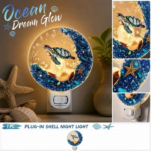 Wall Night Light, Beach Theme Bathroom Decor, Under The Sea Bathroom Decor, Coastal Decor for Home, 1Pc 3 Inch Diameter Sea Turtle Seashell Plug-In Warm Night Light, Retro
