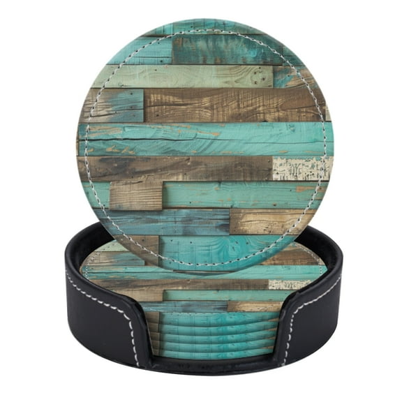 PU Leather Coasters for Drinks Bar Beer,Set of 6 with Holder,Round Housewarming Gift,Wall Of Rustic Wood With Weathered Distressed Teal And Brown Textures