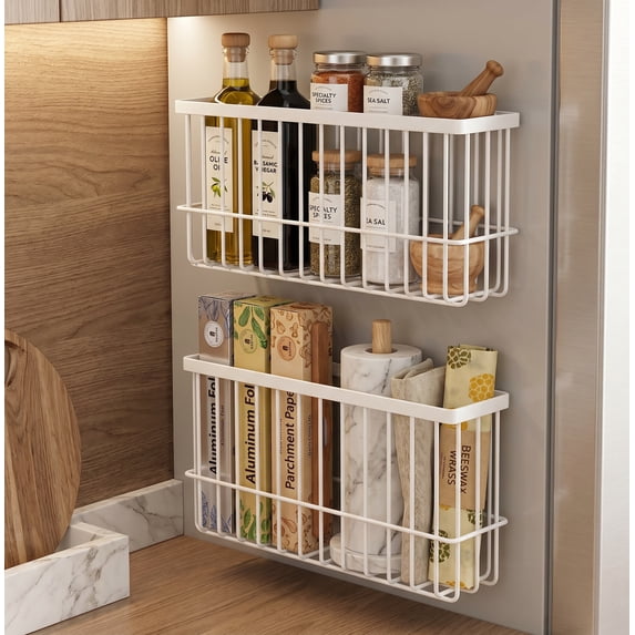 Wall Organizer Baskets, Lid Organizers Inside Cabinet with 2 Caddy Adhesive, Cabinet Door Organizer with 2 Sponges, 4 Hooks, Cabinet Door Storage for Foil Aluminum Roll, Black