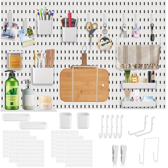 Wall Organizer Panels Kits, Pegboard Organizer Storage 6Pcs Black Peg Board With 14 Accessories For Craft Room, Kitchen, Living Room, Bathroom, Study Room