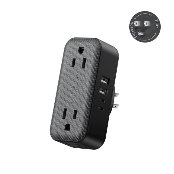 Wall Outlet Extender with 360 Rotating Plug, Multi Plug Wall Outlet with 4 Electrical Sockets and 4 Ports, 900 Joules Surge Protection, Station for Office Travel, Black