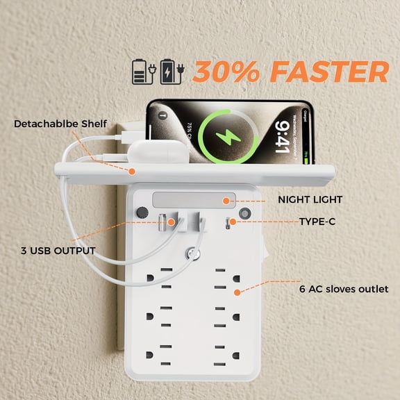 Wall Outlet Extender Featuring Surge Protection, an Automatic Night Light, a Shelf, Six AC Outlets, And Four USB Ports with a Flat Plug Design, Ideal for Lightning Protection in Bathrooms, Kitchens