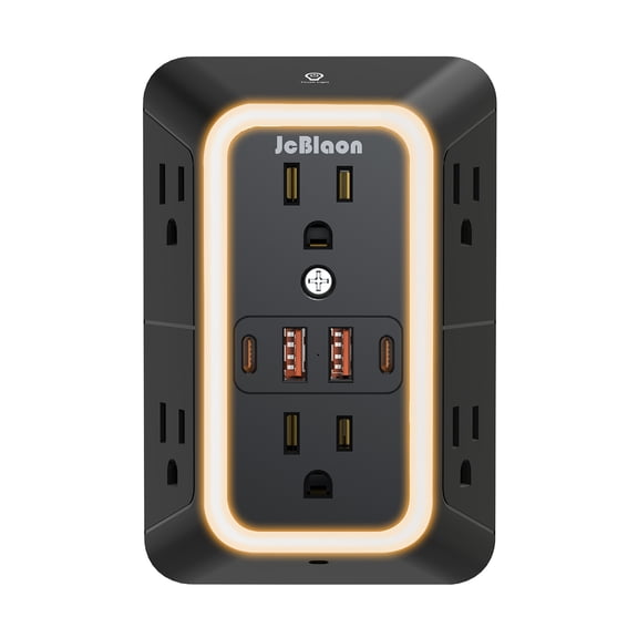 Wall Outlet Extender with Night Light, Power Plug Adapter 6 Outlet Extender with 4 USB Charging Ports2 USB C,1050J Power Strip Multi Plug Adapter Spaced for Home Office Travel-Black