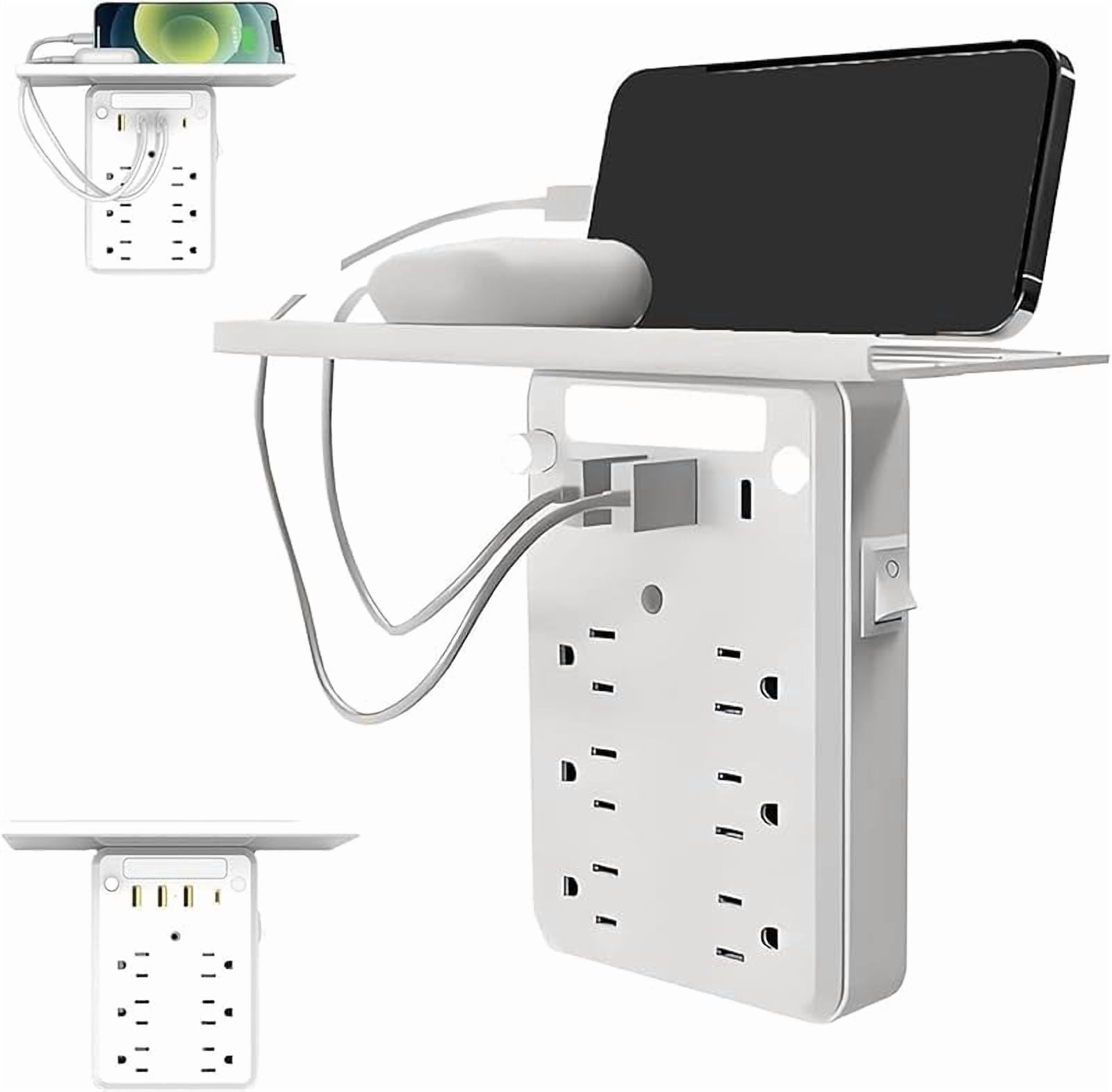 Wall Outlet Extender with Shelf Night, Flat Wall Outlet Extender, Multi Plug Outlet Surge Protector Power Strip with 6 AC Outlets, 3 USB Ports and 1 USB C (1PCS)