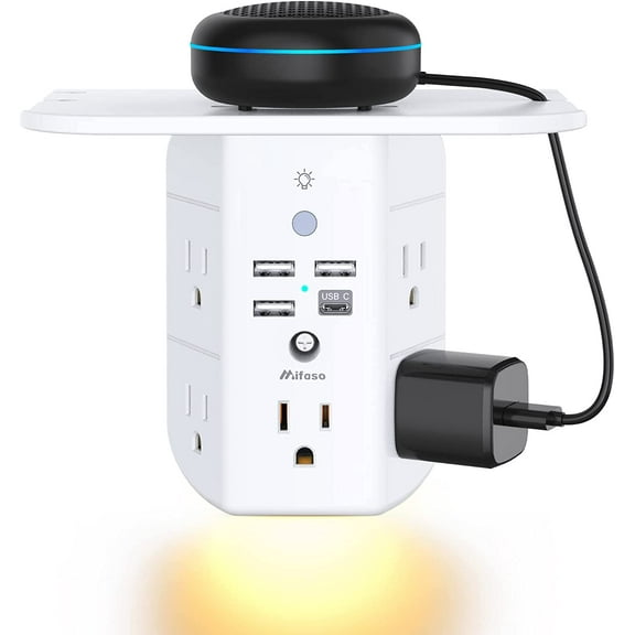 Wall Outlet Extender with Shelf and Night Light, Sur Protector, Mount Charr Multi Plug Expander 5 AC Outlets 3 USB A Ports 1 C, Wide Space 3-Sided Power Strip