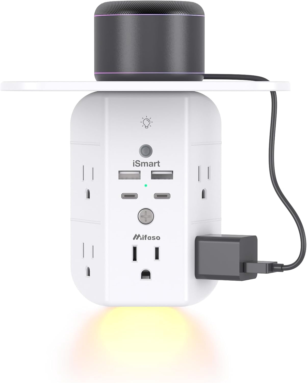 Wall Outlet Extender with Shelf and Night Light, Sur Protector, USB Wall Char r with 5 AC Outlets and 2 USB A Ports 2 USB C Ports Wide Space 3-Sided Power Strip Multi Plug Outlets