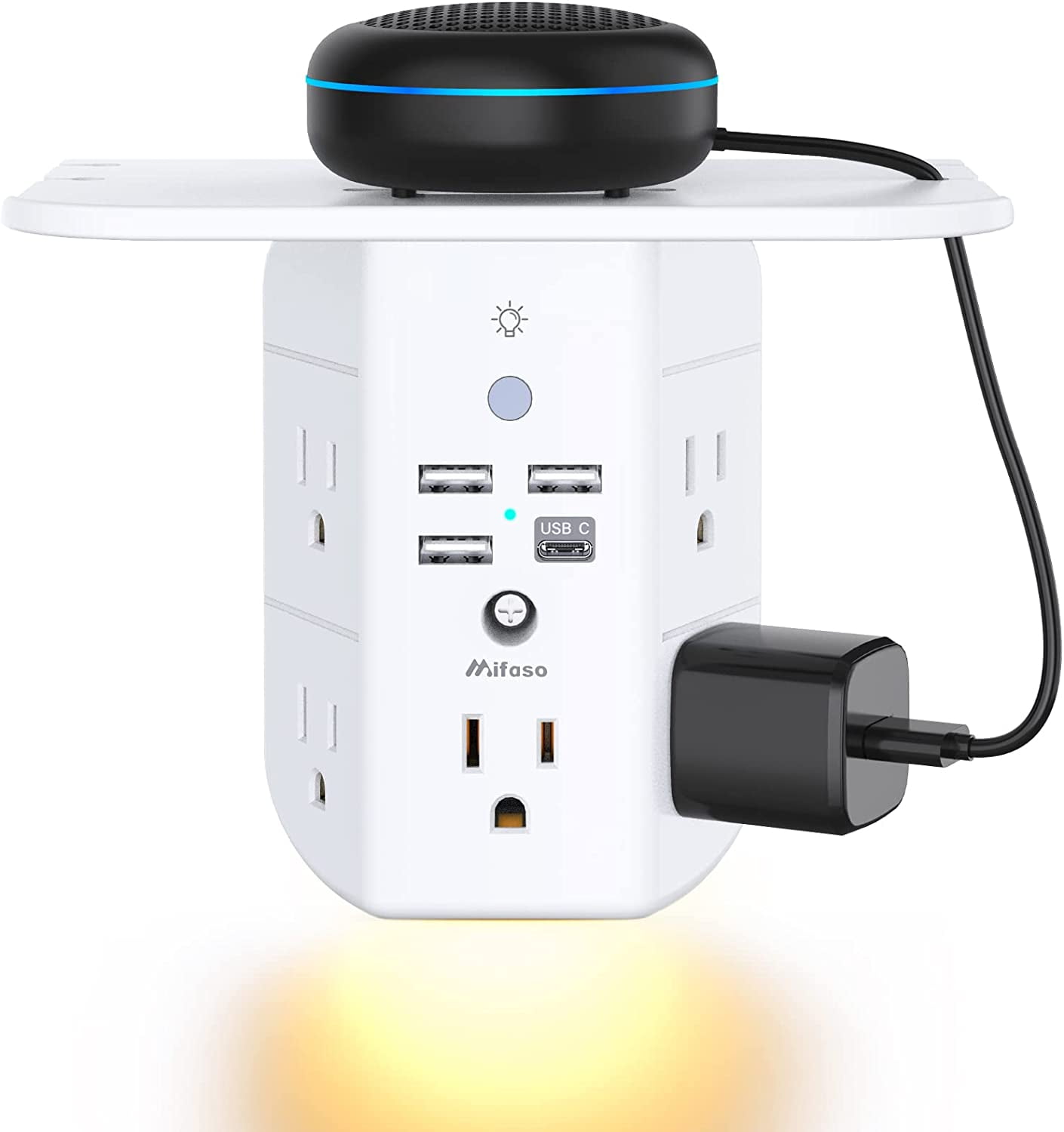 Wall Outlet Extender with Shelf and Night Light Sur Protector USB Wall Charr with 5 AC Outlets and 3 USB Ports 1 USB C Outlet Wide Space 3-Sided Power Strip Multi Plug Outlets…