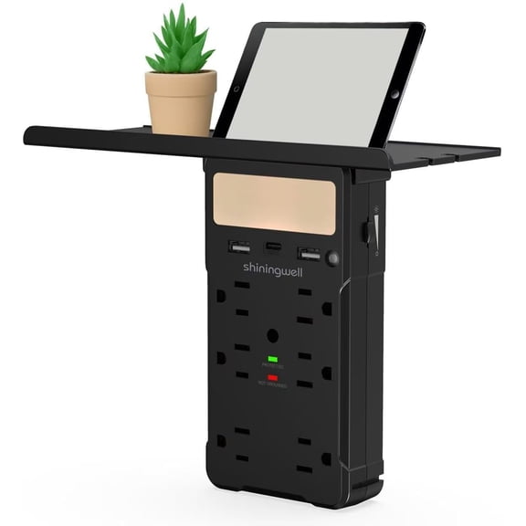 Wall Outlet Extender with Shelf and Night Light, Surge Protector with 3 USB Ports (2A+1C) and 6 AC Outlets, Multi Plug Power Strip Electric Outlet Splitter for Home and Office Use, Black