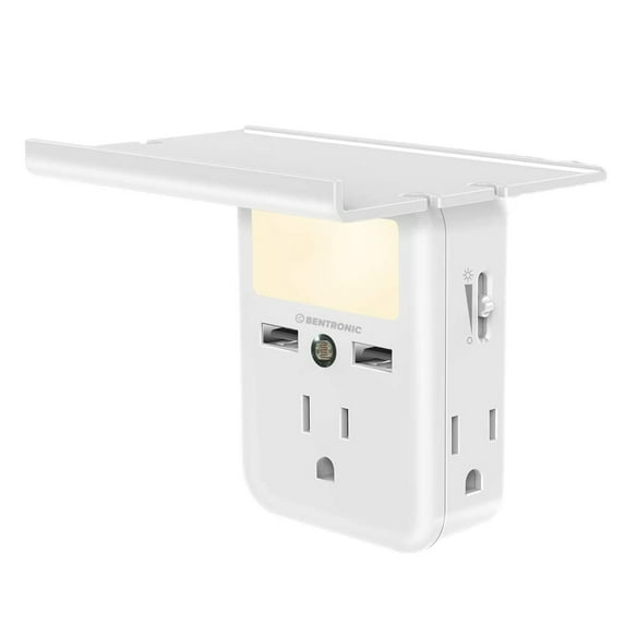Wall Outlet Extender with LED Night Light and Built-in Shelf , 3 AC outlets and 2 USB Charging Ports .