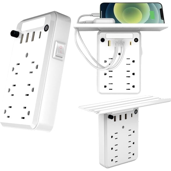 Wall Outlet Extender with Shelf Night, Outlet Extended with Surge Protector and Shelf 6 Ac Outlets, 3 USB & 1 USB C Charging Ports