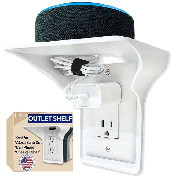Power Perch Wall Outlet Shelf with Cord Storage Strap, No Drill, 1 Pack, White