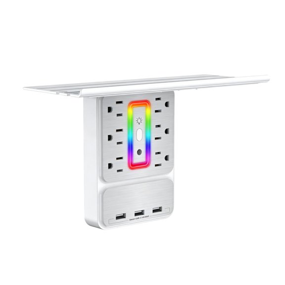 Wall Outlet Shelf , Power Socket with Integrated USB Charging Ports , Durable White Plastic and Synthetic Material , Home Office Kitchen and Bedroom Space Saving Organizer