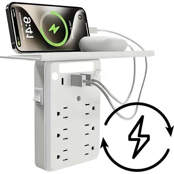 Wall Outlet Shelf with Night Light - 6 AC Outlets, 3 USB Ports, Space-Saving Design for Home, Office & Dorm