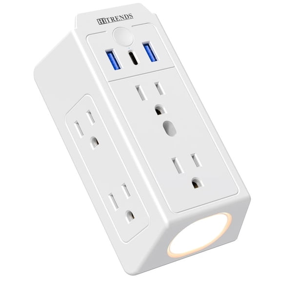 Wall Outlet with Night Light, 6 Outlets, 2 USB-A + 1 USB-C, 3-Speed, Wide Pitch 3-Sided Design