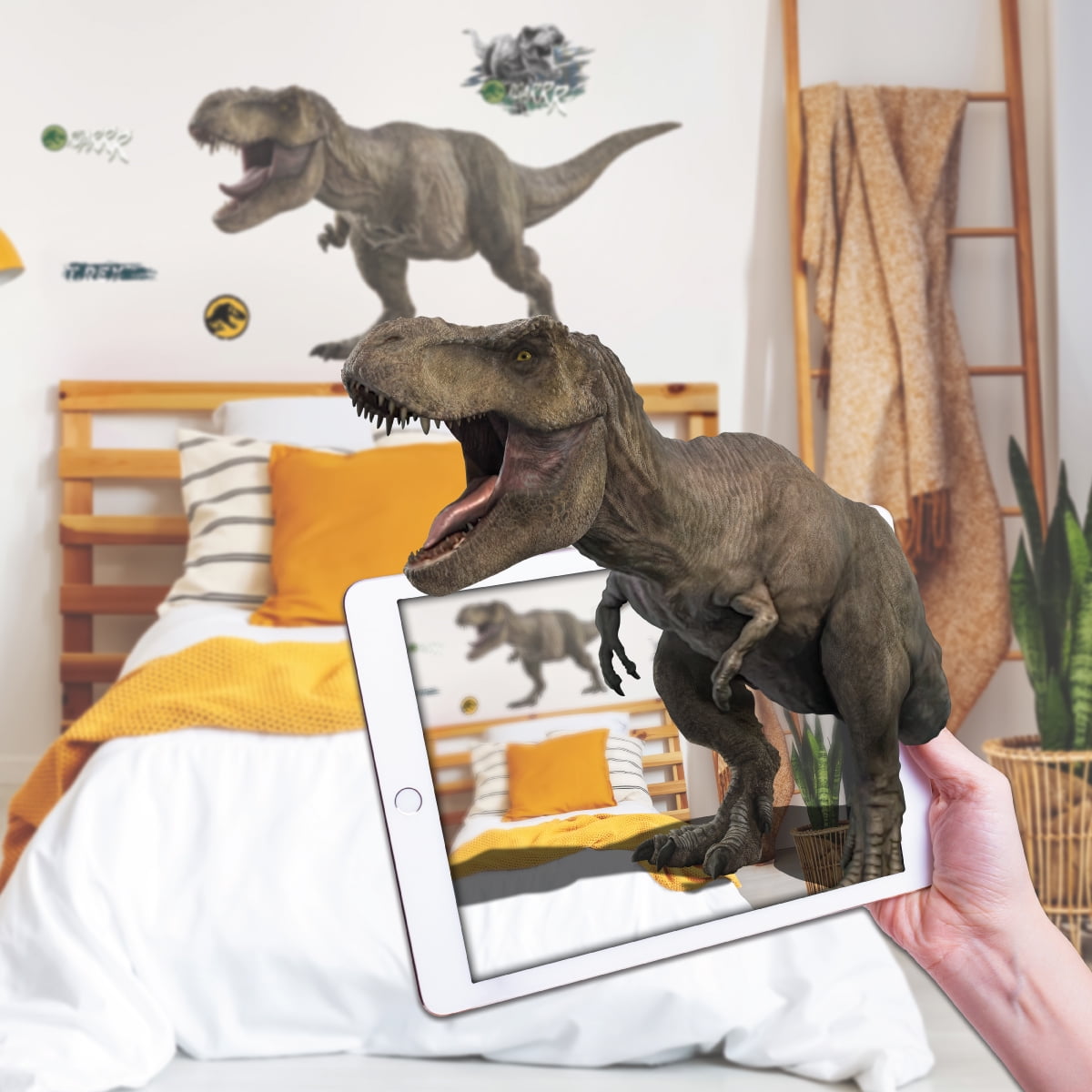 Wall Palz Jurassic Park T-Rex Wall Decal - Large Dinosaur Wall Sticker with 3D Augmented Reality Interaction - Jurassic World TRex Bedroom Decor