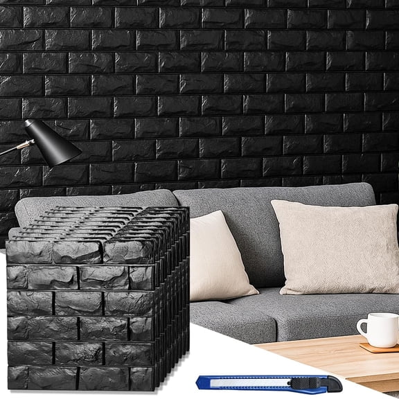 Wall Panels Stick and Peel, Black Brick Printable Wallpaper Stick and Peel Self Adhesive Faux Brick Paneling for Bedroom, Bathroom, Kitchen, Fireplace (11, Black)