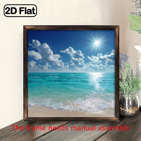 Wall Pediments 2D Flat, 1Pc Wood Frame Sign Tropical beach, sunshine and waves, realistic scenery style Wall Art Paintings Ideal Gift For Living Room Bedroom Corridor Wall Decor Room Decoration Re