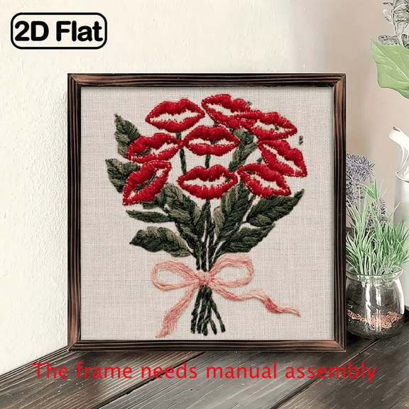 Wall Pediments 2D Flat, 1Pc Wood Frame Sign Valentine's Day gift Lip-shaped rose bouquet, red lips with green leaves, embroidery art style Wall Art Paintings Ideal Gift For Living Room Bedroom Cor