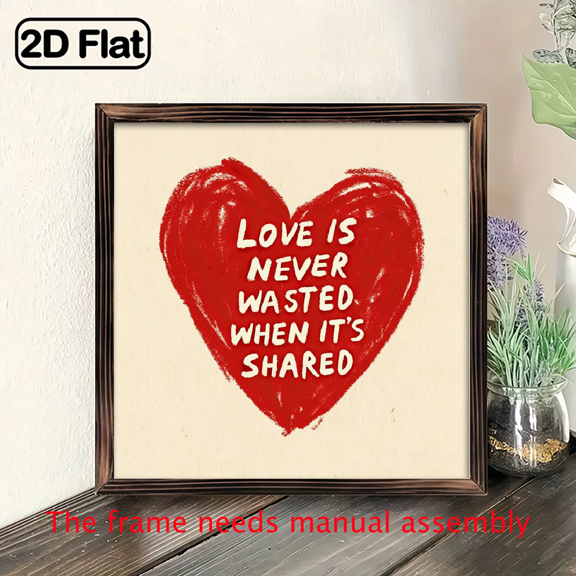 Wall Pediments 2D Flat, 1Pc Wood Frame Sign Valentine's Day gift Love sharing, red heart pattern, hand-drawn illustration style Wall Art Paintings Ideal Gift For Living Room Bedroom Corridor Wall
