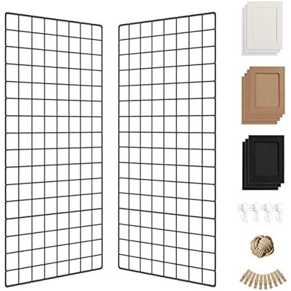 Wall Photo Grid Shelf, Wall Hanging Ins Art Display Grid Panel for Decor & Storage, Metal Wire Notice Boards & Memo Board, Mesh Tool Organiser, Wall Photo Frame 2 Pcs (Black, 15.7 x 31.5 inches)
