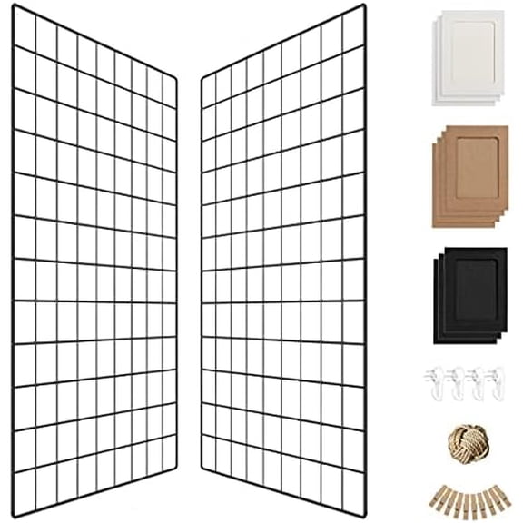 Wall Photo Grid Shelf, Wall Hanging Ins Art Display Grid Panel for Decor & Storage, Metal Wire Notice & Memo Board, Mesh Tool Organiser Frame 2 Pcs (Black, 25.6 x 17.7 inches)