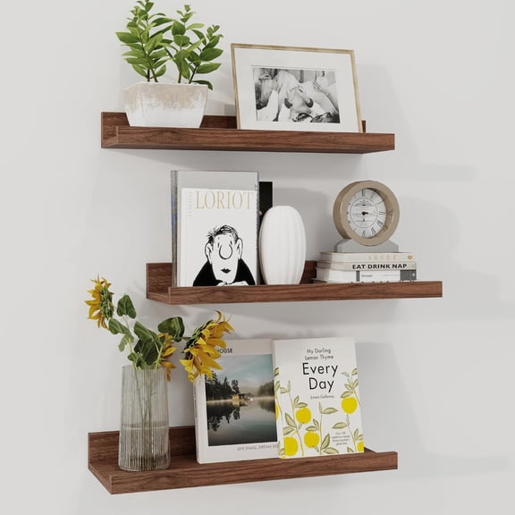 Wall Picture Ledge Set, Floating Shelves for Bedroom Display, 16 Inch Walnut Wood, 3 Pack