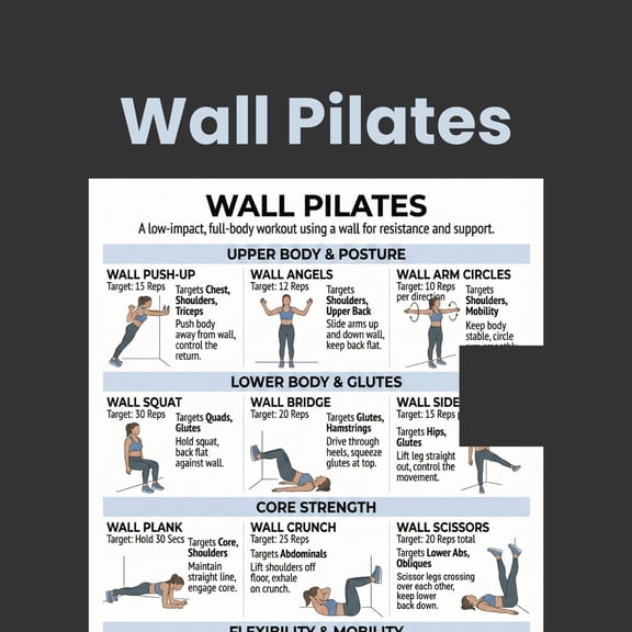 Wall Pilates Practice Poster, Basic Exercise Poster, Junior Pilates, 30 Day Exercise Poster, Family Exercise Plan Poster