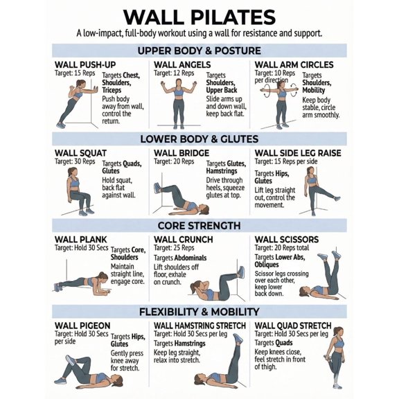 Wall Pilates Practice Poster, Basic Exercise Poster, Junior Pilates, 30 Day Exercise Poster, Family Exercise Plan Poster