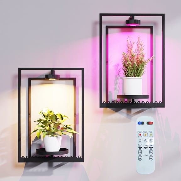 Wall Plant Holder, Indoor Plants Holders with Remote Grow Lights, Plant Shelves Hanging Planters, Framed Plants Holder for Living Room, 2 Pack