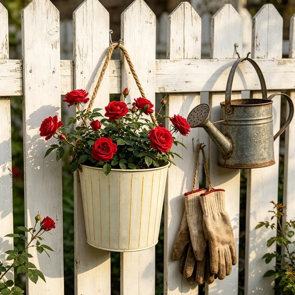 Wall Planter, Courtyard Iron Hanging Flower Pot with Rope Handle and Flat Bottom, Semi Circular Vintage Style Tin Bucket Wall Decoration