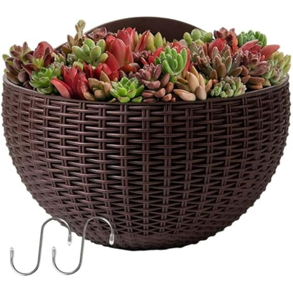Wall Planter, Half Round Imitation Rattan Railing Planter, Vertical Wall Hanging Planter with S Hooks, Decorative Wall Pots for Plants Indoor Garden Balcony Railing Shelf Fence