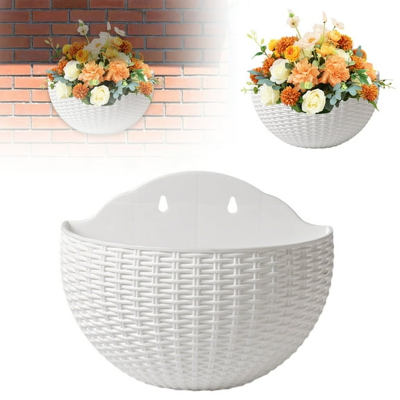 Wall Planter - Half Round Imitation Rattan, Vertical Hanging, with S Hooks, for Indoor/Garden,