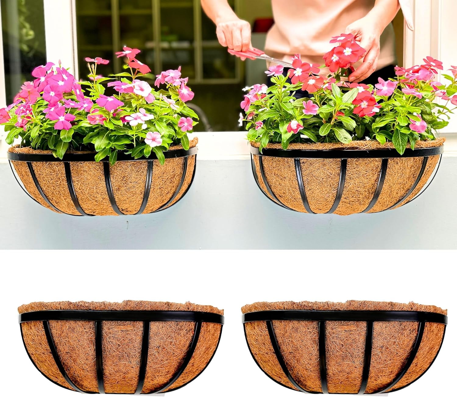 Wall Planters - 16 Inch, 2 Pack Deck Railing Planter Boxes for Outdoor Plants, Window Flower Box with Coco Liners Metal Horse Troughs Fence Balcony Garden Herb Pot Patio Porch Over Rail