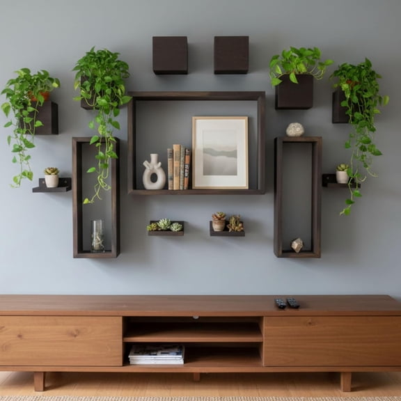 Wall Planters for Indoor Plants (13-Piece Set) Small Wall-Mounted Vertical Plant Holder, Large Wooden Floating Shelves Decorative Wood Display for Kitchen, Bathroom, Living Room, Home Decor