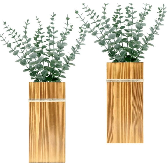 Wall Planters for Indoor Plants - 2 Pack Wood Wall Vases for Dried Flowers & Artificial Plants Modern Farmhouse Wooden Vase for Living Room Bedroom Kitchen Decorations - Brown Large