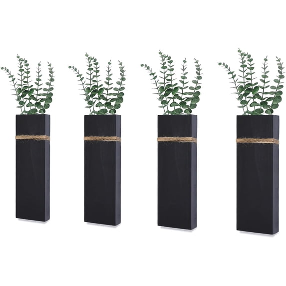 Wall Planters for Indoor Plants - 4 Pack Wood Wall Vases for Dried Flowers & Artificial Plants Modern Farmhouse Wooden Vase for Living Room Bedroom Kitchen Decorations - Black