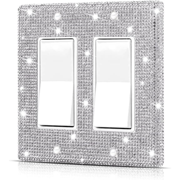 Wall Plate Light Switch Cover or Outlet Cover, Standard Size 4.50" x 4.57", Silver Rhinestones Bling Double Light Switch Plate for Electrical Outlet for Bedroom Accessories Home Decor