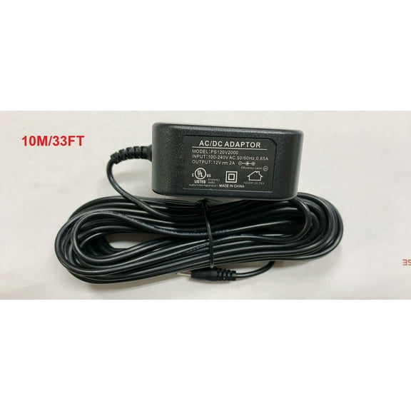 Wall Plug Extra Long 33 Foot Cord, 12 Volt 2A Power Adapter Supply AC to DC 2.1mm X 5.5mm Plug 12v 2 Amp Power Supply