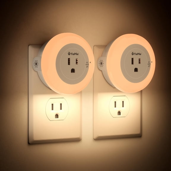 Wall Plug-In Night Light with Dimmable Light and Extra Outlet 2 Pack