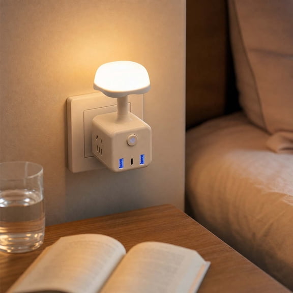 Wall Plug Night Light With Power Strip, Multi Functional LED Bedside Lamp With USB A And Type C Charging Ports, Soft Glow For Bedroom Dorm, Space Saving Outlet Adapter, Flicker Free