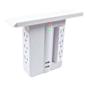 Wall Power Outlet Shelf Deluxe - Rotating Electrical Socket Power Stand Holder - Space Saving, 6 Outlets & 2 USB Fast Charging Ports + Surge Protector