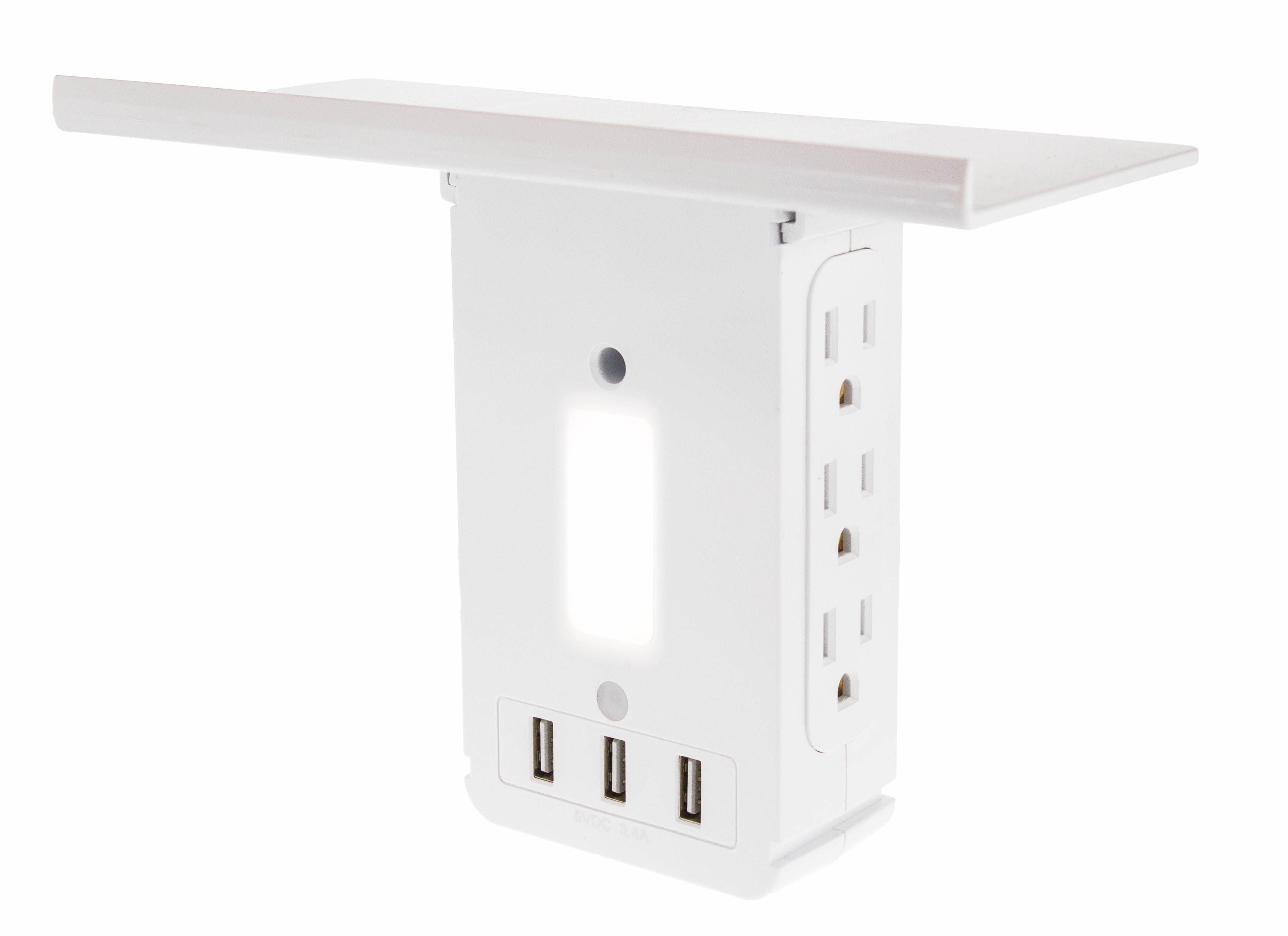 Wall Power Outlet Shelf - LED Night Light, 6 3 Prong Outlets + 3 Fast Charging USB - Electrical Socket Power Stand Holder - Space Saving + Surge Protector