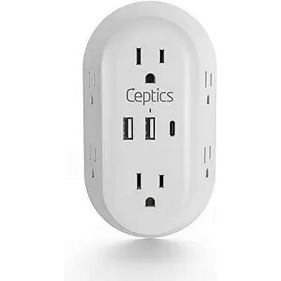 Wall Power Strip Charger by Ceptics - Small & Compact - Surge Protector 1800J - Grounded Dual USB - 6 USA Outlets Input