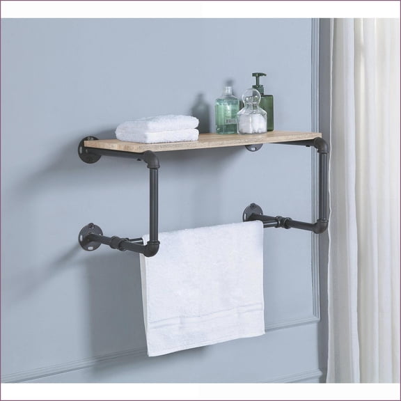 Wall Rack, Industrial Wood + Metal Shelf & Towel Holder, Mankato Oak & Sandy Grey | Industrial | Bathroom