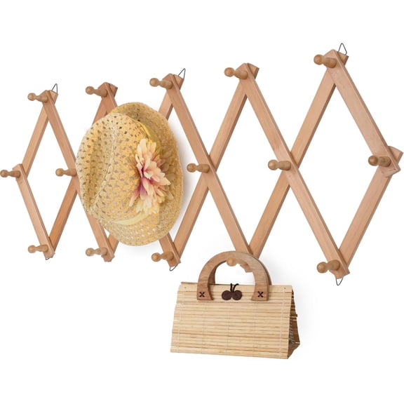 Wall Rack with 16 Hooks, Wooden Wall Expandable Coat Rack for Coat, Hats, Baseball Caps, Coffee Mug, Jewelry(Natural)